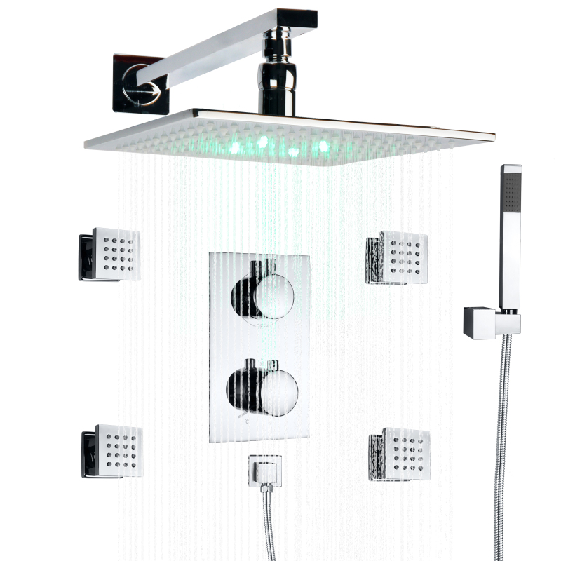 Torneiras de chuveiro termostáticas polidas cromadas 25X25 CM LED Conjunto combinado de chuveiros de banheiro com mudança de temperatura de 3 cores