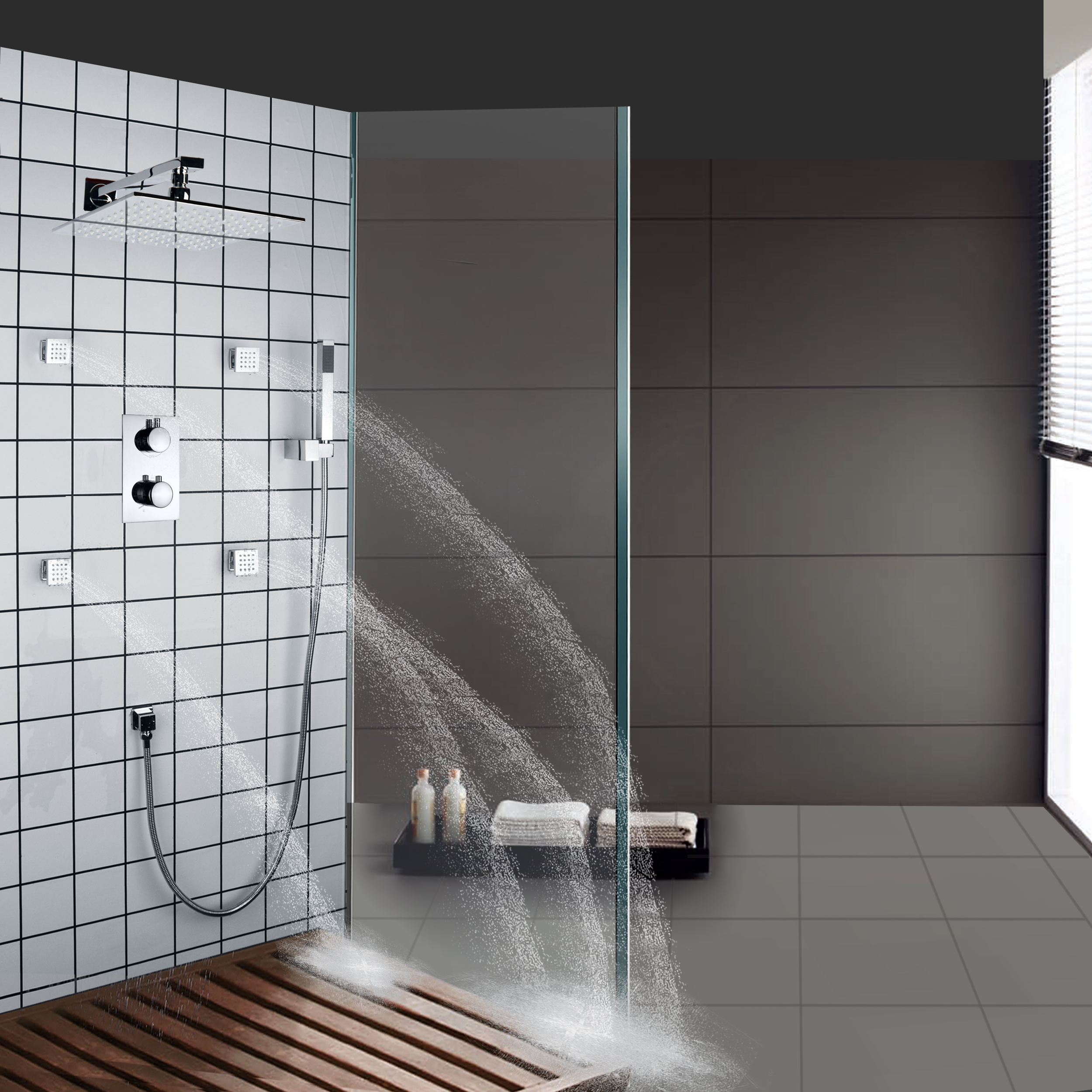 Conjunto de chuveiro de banheiro polido cromado Chuva Douche Massagem LED Mudança de temperatura de 3 cores