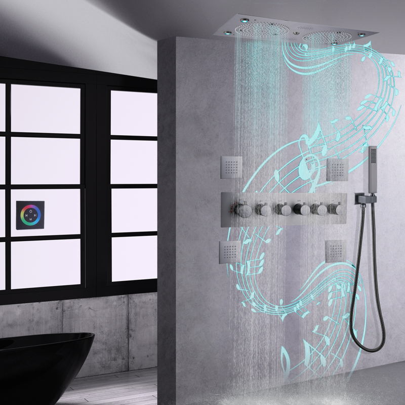 Conjunto de chuveiro termostático cinza arma 620*320mm led banheiro com chuveiro multifuncional musical com bico portátil