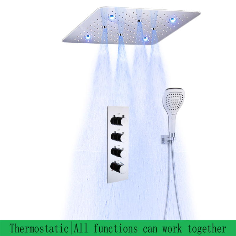 Chuveiro cromado com led polido, 500x500mm, montado no teto, névoa de chuva, sistema de conjunto de chuveiro led termostático