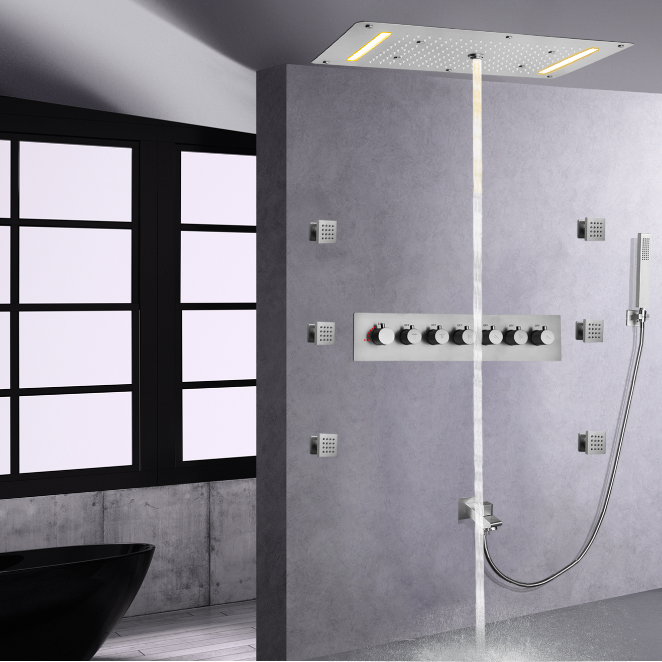 Níquel escovado LED Sistema de chuveiro termostático de alto fluxo Conjunto de misturador de chuveiro oculto de chuva para banheiro