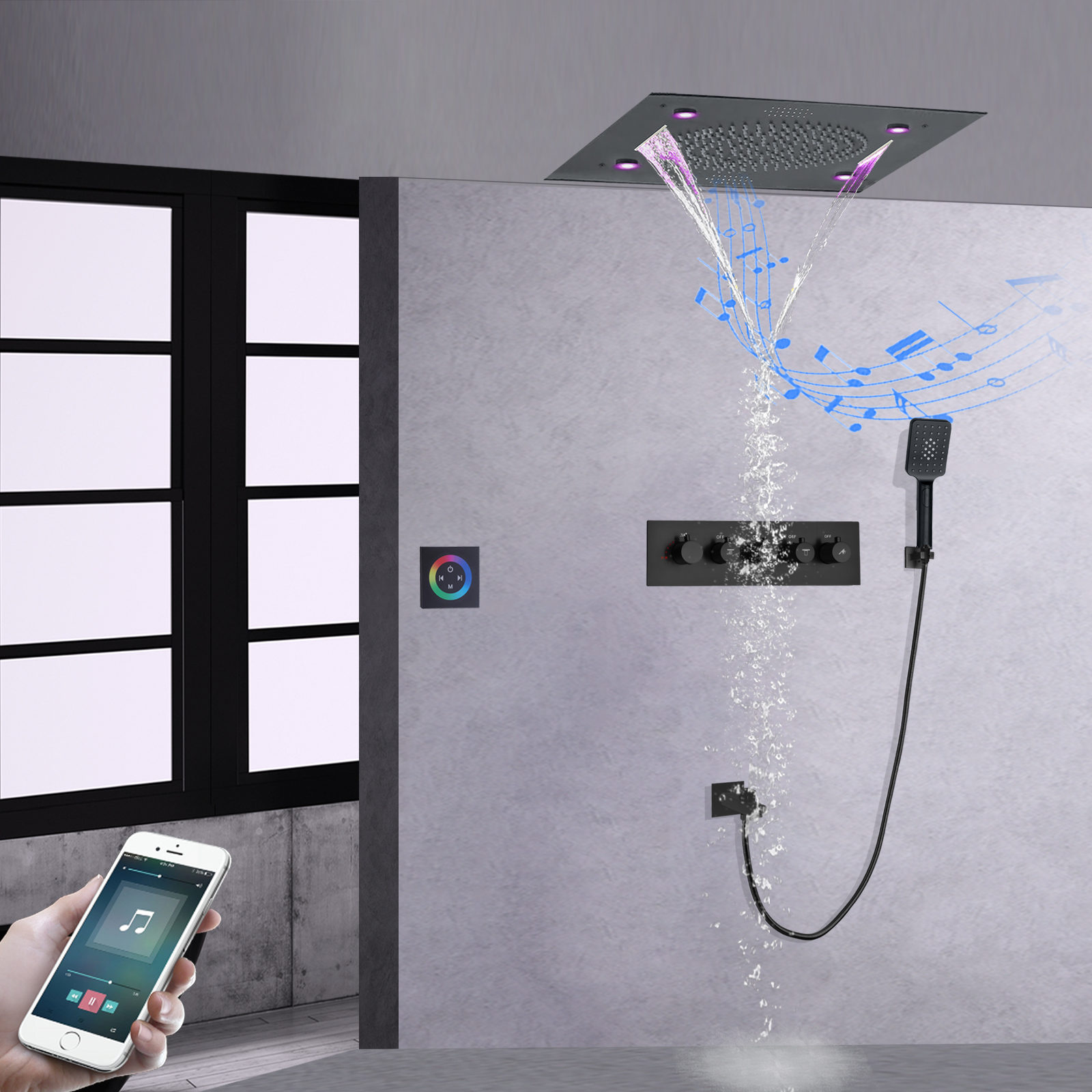 Banheiro termostático 24 Polegada conjunto de chuveiro teto escondido chuvas 304sus cachoeira música led cabeça chuveiro para massagem conjunto