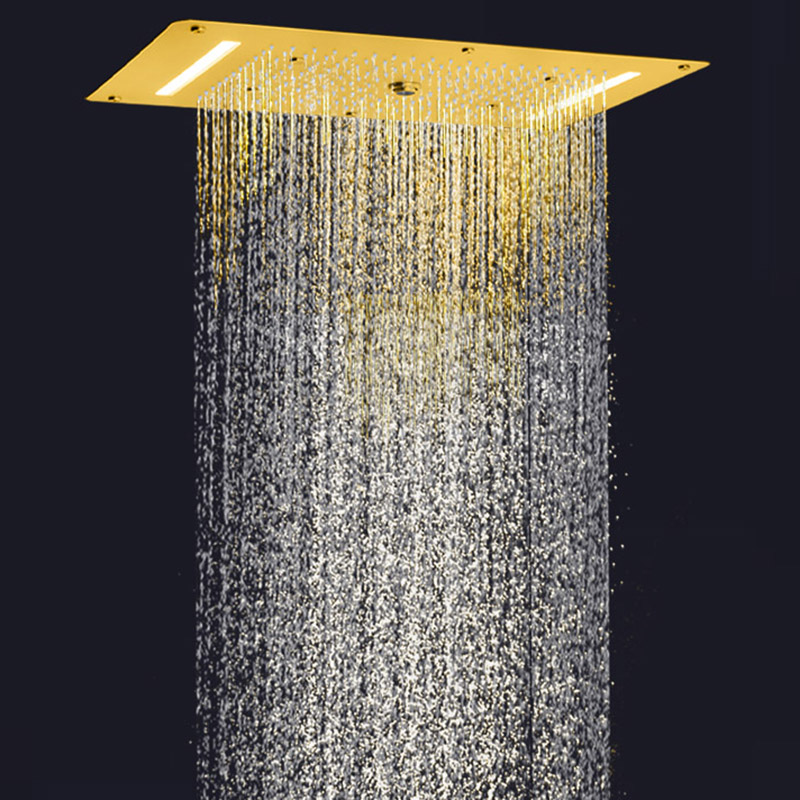 Luxo escovado ouro cabeça de chuveiro 70x38 cm led banheiro massagem chuveiro cachoeira chuvas atomização bolha