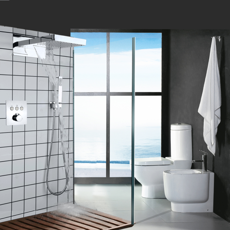 Chuveiro termostático com misturador, montado na parede, cromado, polido, cabeça de chuveiro, banheiro, braço de chuveiro portátil