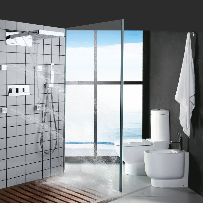 Frio e quente cromo polido cachoeira triplo punho conjunto de chuveiro do banheiro chuvas combinação chuveiro mão
