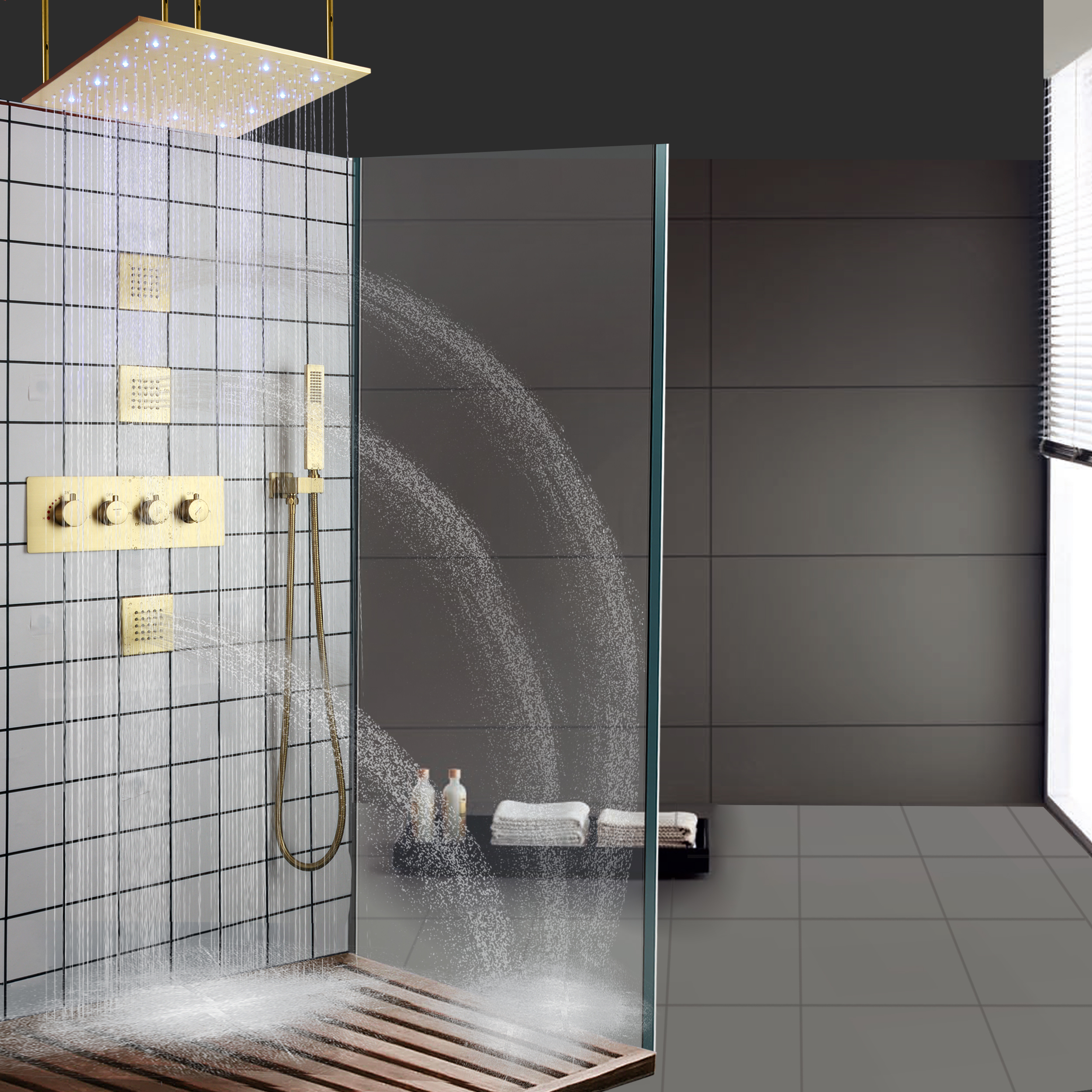 Torneira de banho com design luxuoso de ouro escovado de 16 polegadas Chuvas termostáticas LED conjunto de chuveiro portátil