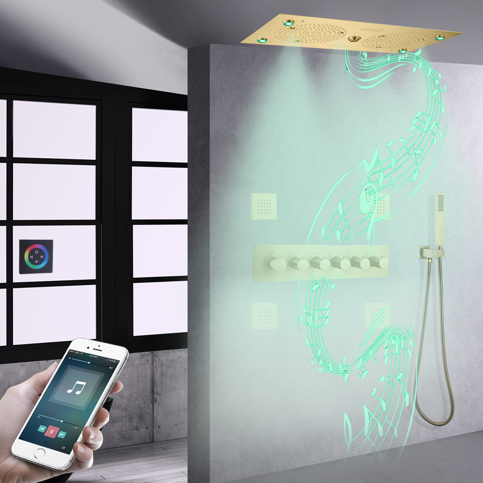 Ouro escovado LED termostática banheiro banho chuveiro torneira música chuva névoa com conjunto de chuveiro de mão