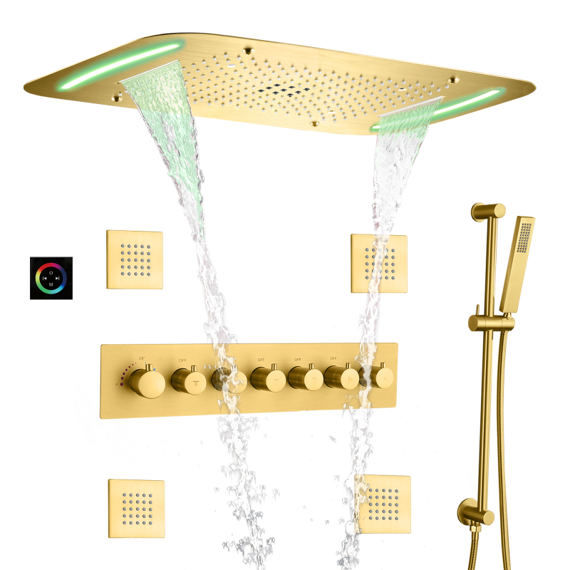 Luxo escovado ouro termostática cabeça de chuveiro 710x430 mm led banheiro multifuncional cachoeira chuvas conjunto