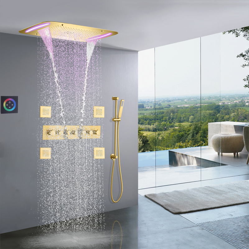 Chuveiro de ouro escovado, 71x43 cm, led, luxo, alto fluxo, chuveiro termostático, sistema de chuveiro oculto