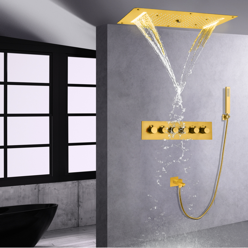 Sistema de torneira termostática para banheira, ouro escovado, 700x380 mm, led, chuveiro de banheiro, com spray portátil
