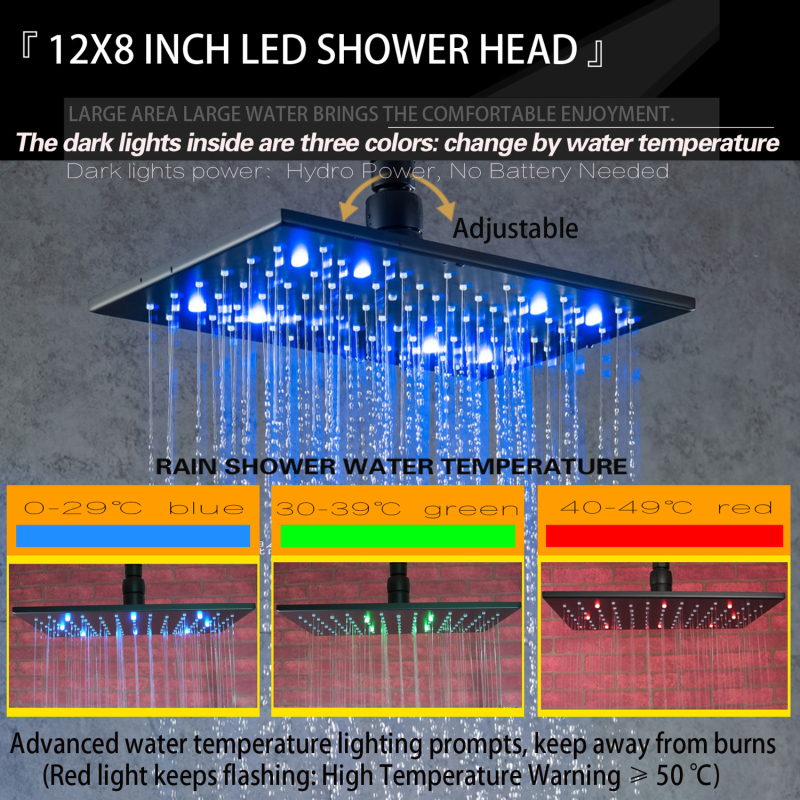 Conjunto de torneira de chuveiro preto fosco montado no teto 28X18 CM LED termostato chuveiro chuveiro de chuva com portátil