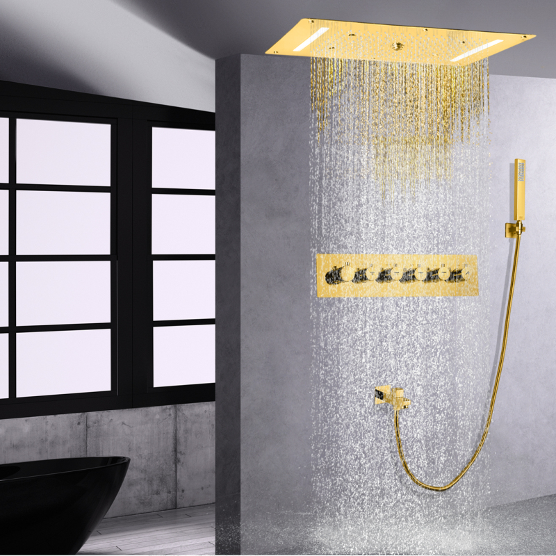Ouro polido grande fluxo termostática torneira do chuveiro bolha superior conjunto de combinação chuveiro cachoeira