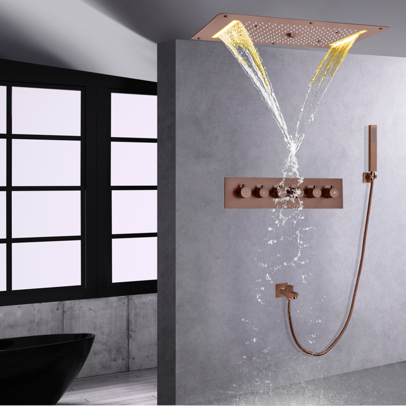 Conjunto de chuveiro marrom montado na parede do banheiro termostático led chuva cachoeira chuveiro superior com suporte de mão