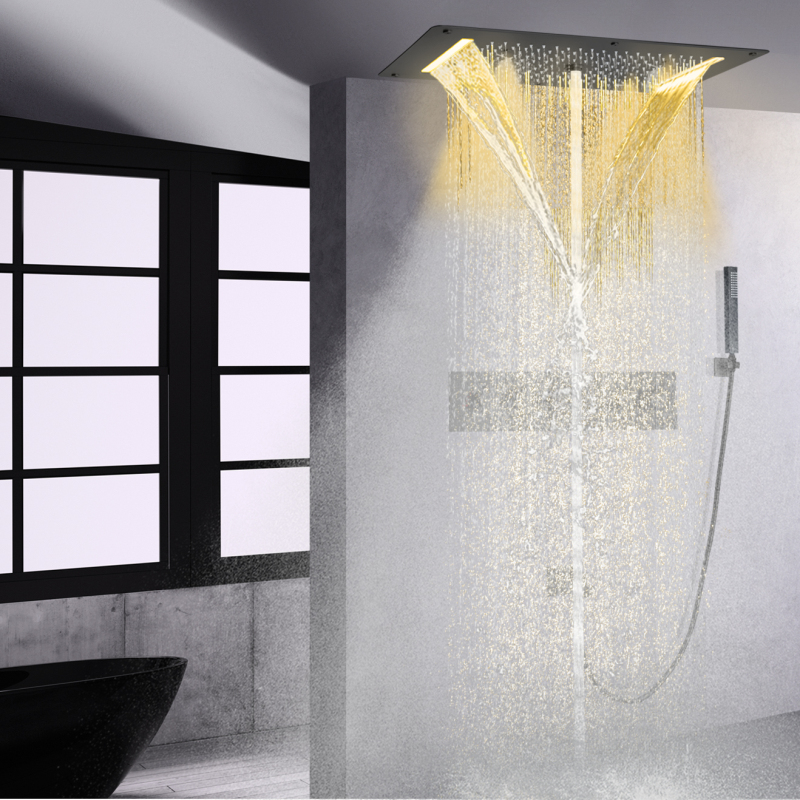 Preto fosco termostática banheira chuveiro torneira conjunto teto banho cachoeira spray bolha chuva led cabeça de chuveiro com mão