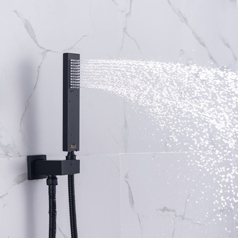 Conjunto de torneira de chuveiro preta montada na parede, válvula misturadora de chuveiro termostática, 8 x 12 cabeças de chuveiro LED