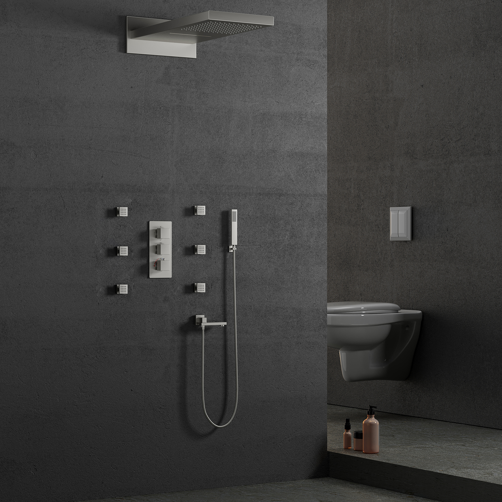 Luxo escovado latão termostática válvula de chuveiro cachoeira floresta tropical massagem spa torneira do chuveiro conjunto