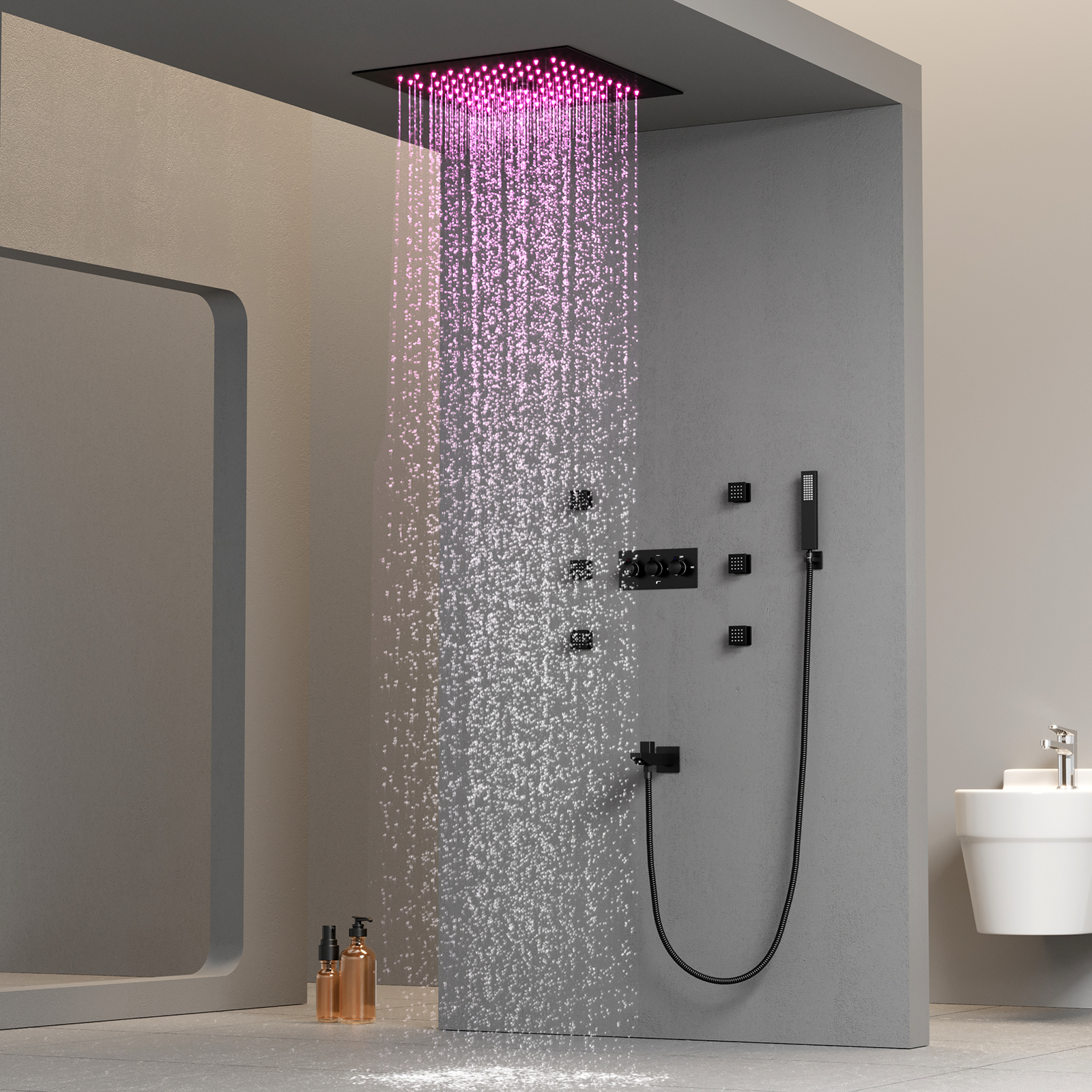 300*300mm Válvula misturadora de chuveiro de temperatura constante Cabeça de chuveiro de chuva LED Conjunto de sistema de chuveiro leve