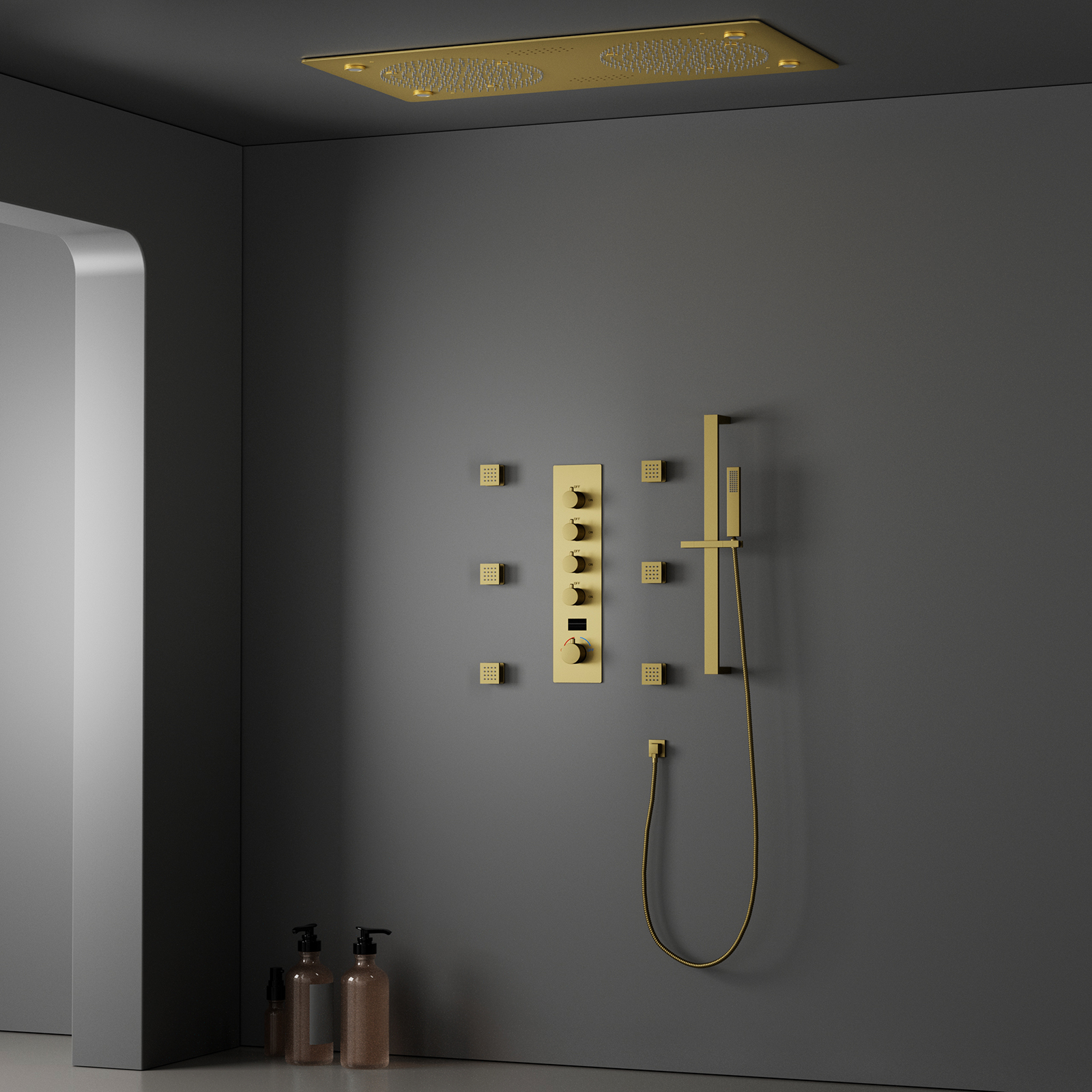 Chuveiro de chuva com spray de teto, chuveiro com música led, conjunto dourado, spray de chuva, massagem, termostato, sistema de chuveiro