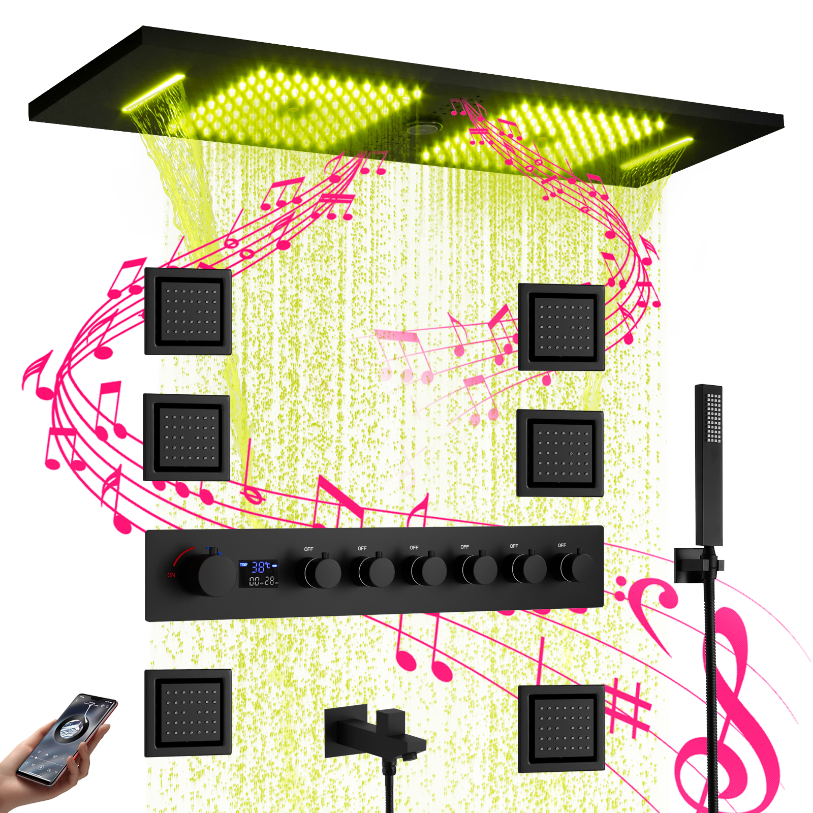 900X300MM Matte Black Bluetooth Music LED Sistema de válvula de chuveiro é dividido em conjunto de chuveiro oculto