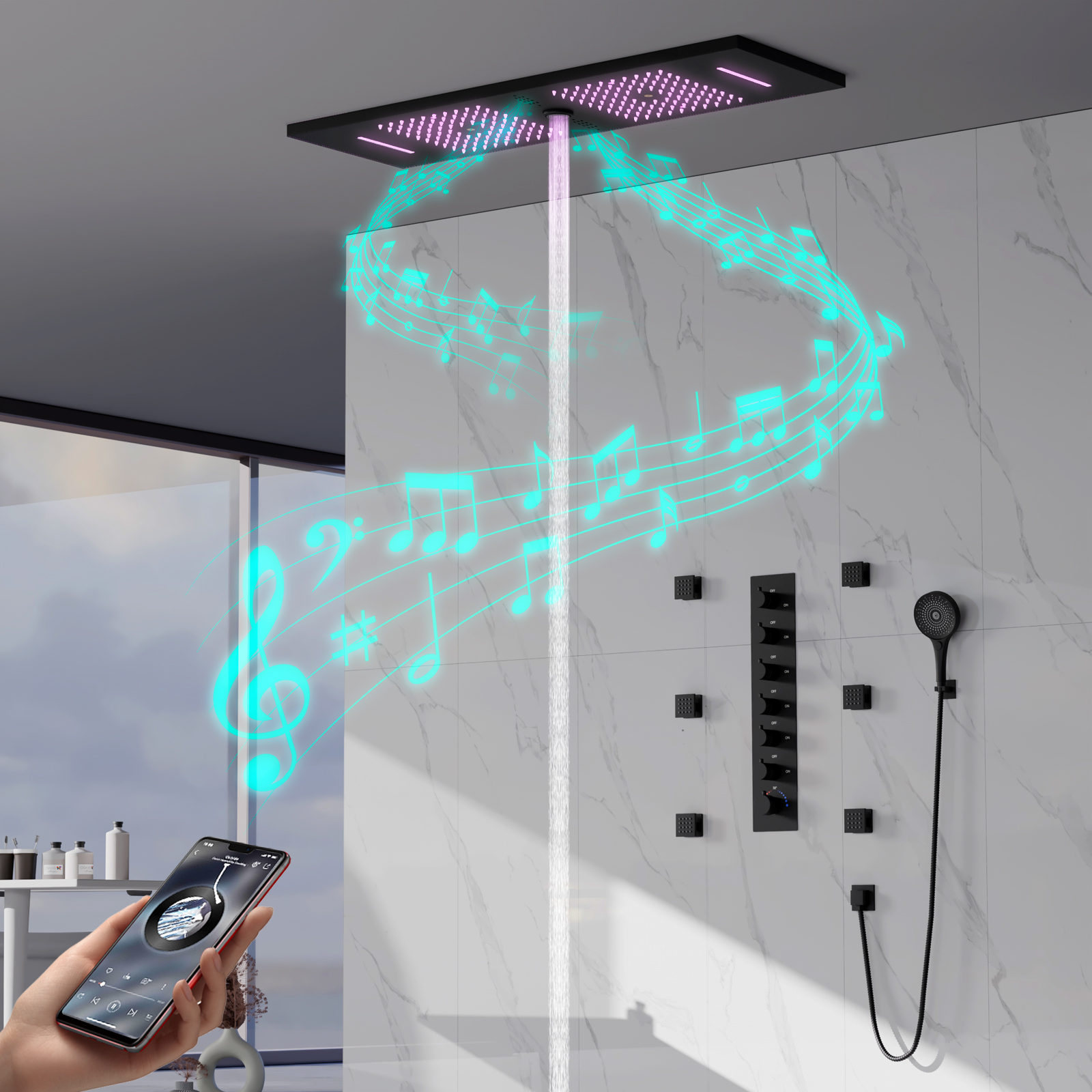 Cabeça de chuveiro moderna led chuva cabeça de chuveiro escondida cabeça de chuveiro do banheiro sistema de chuveiro música