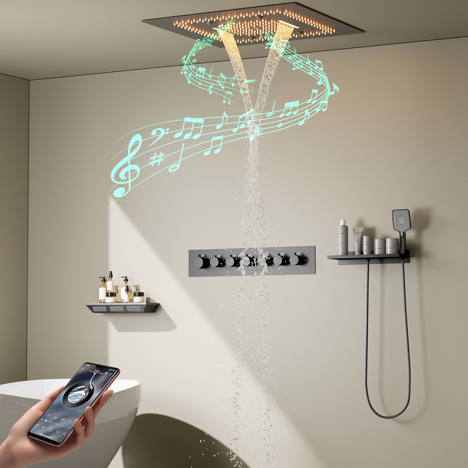 Banheira spa arma cinza led cabeça de chuveiro chuva cachoeira multifuncional recesso teto música chuveiro conjunto