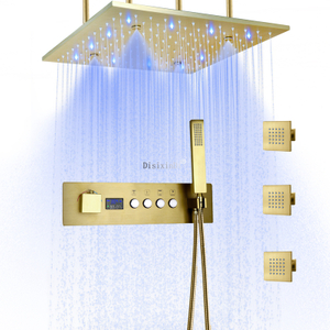 Ouro escovado 16 polegadas chuvas névoa cabeça de chuveiro com display digital led misturador termostático esconder conjunto de chuveiro led