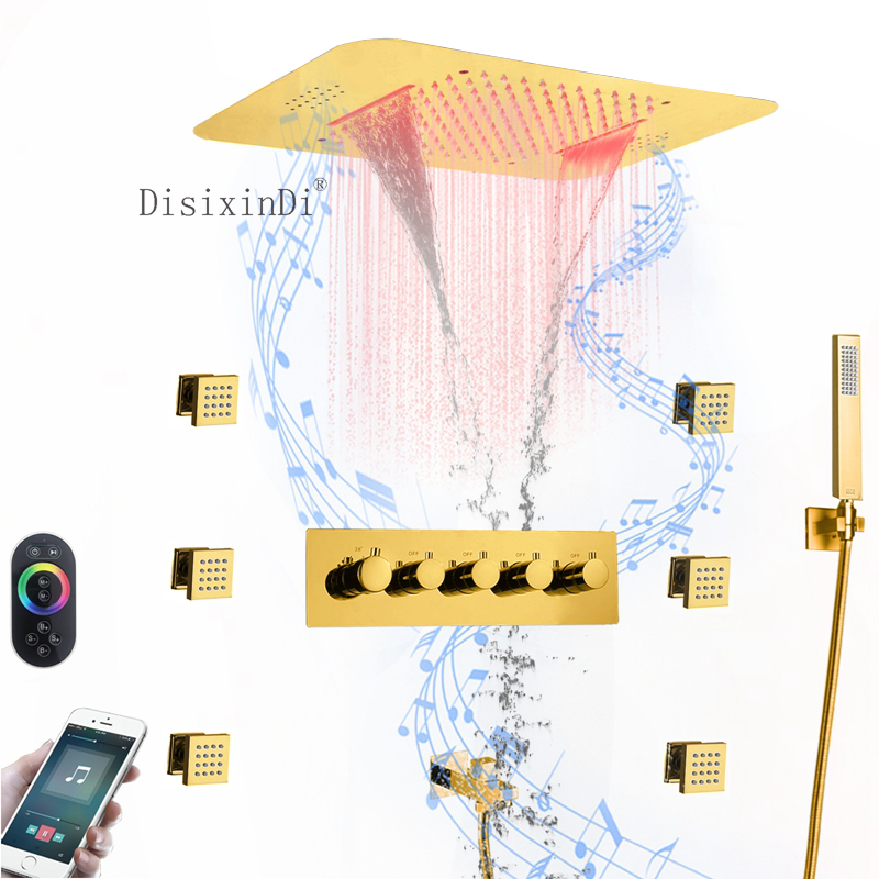 Ti ouro banheiro chuvas cachoeira led termostática torneira do chuveiro com corpo de chuveiro jato e função música cabeça chuveiro