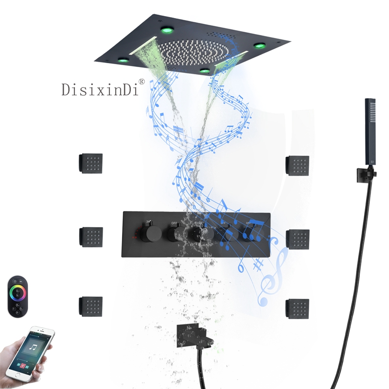 Conjunto de chuveiro embutido no teto, 400*400mm, led, cabeça de chuveiro com alto-falante musical, 5*5cm, jato corporal, sistema de chuveiro termostático do banheiro