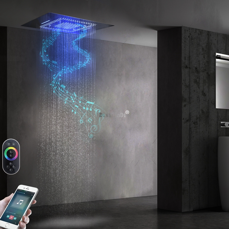 Cabeça de chuveiro musical para banheiro, luzes LED 304 SUS, sistema de chuveiro embutido no teto