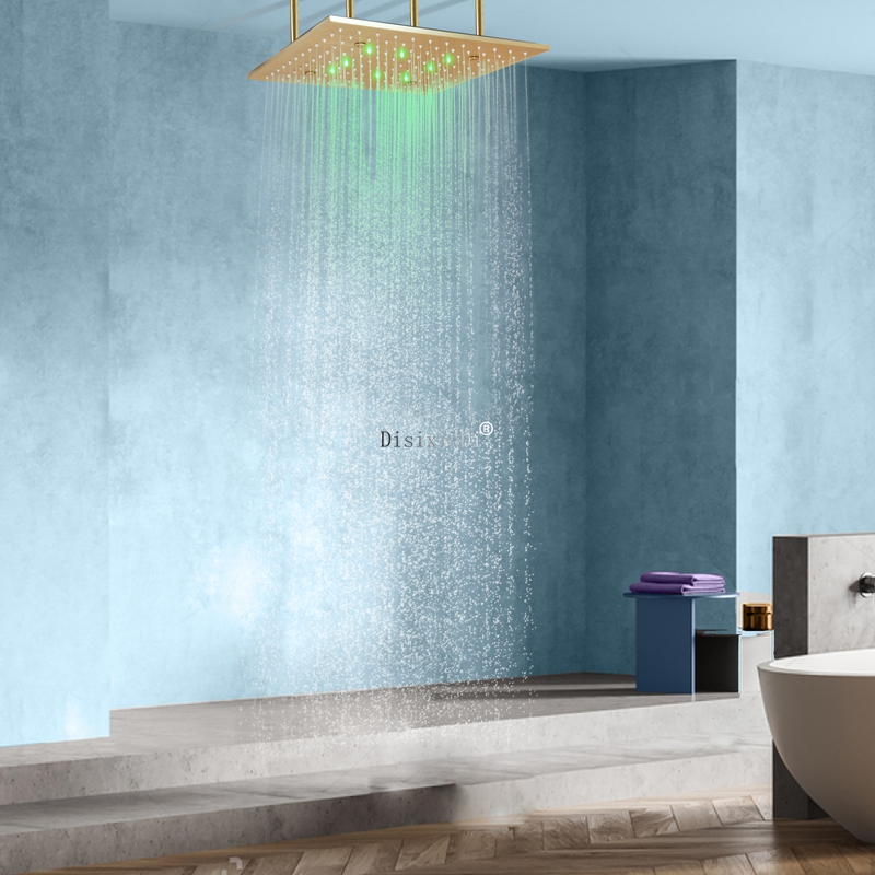 Ouro escovado 400x400mm teto névoa chuva LED cabeça de chuveiro 304 SUS duas funções banheiro torneira de chuveiro embutida