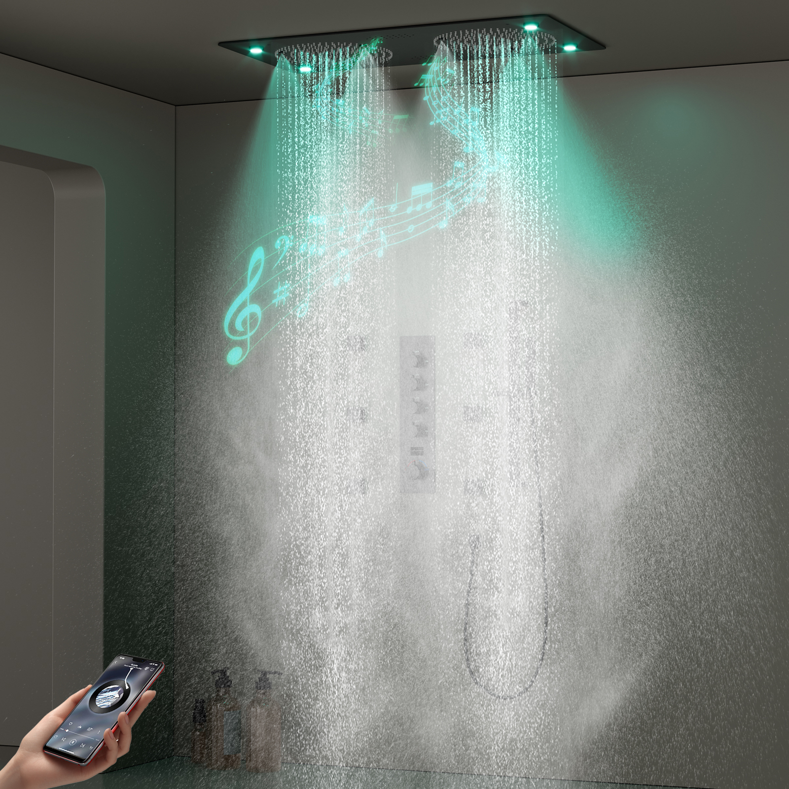 Moderno multifuncional 62x32CM preto banheiro LED chuveiro musical chuveiro de chuva termostático conjunto de chuveiro inteligente