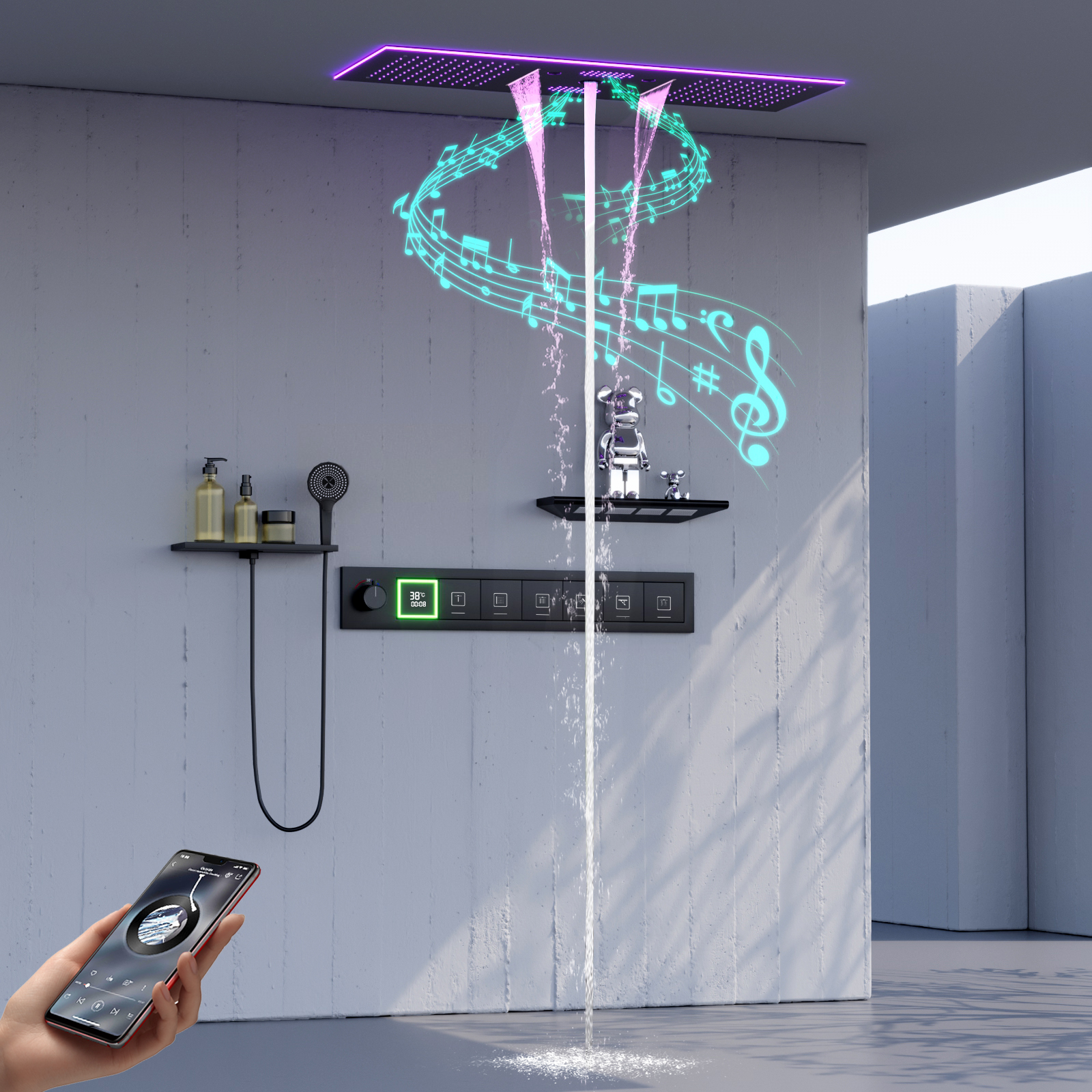 Preto recesso 36*12 Polegada música led cabeça de chuveiro do banheiro temperatura constante chuva cachoeira chuveiro massagem spa