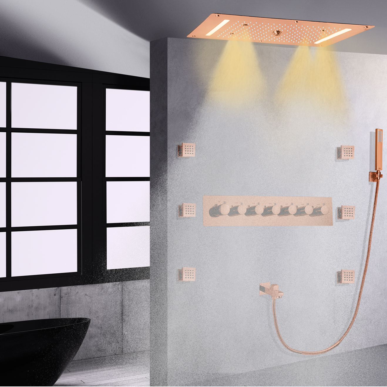 Conjunto de chuveiro oculto de chuva montado na parede com LED dourado rosa para banheiro spa termostático em cascata