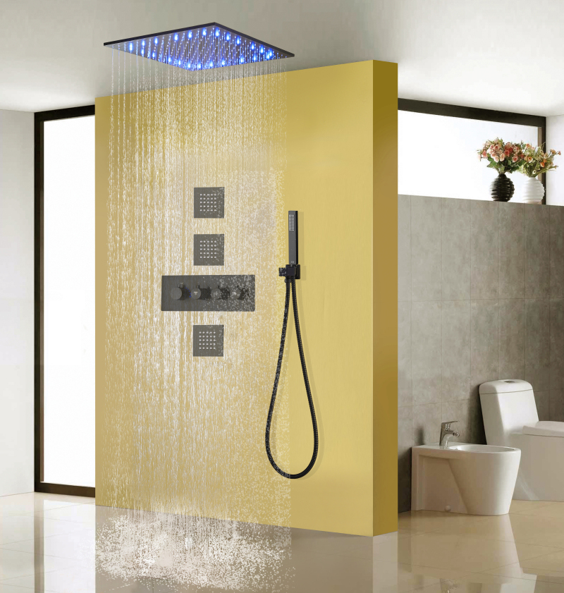 Conjunto de torneiras de chuveiro termostáticas pretas foscas com LED de 20 polegadas para teto de banheiro e chuveiro com bico portátil