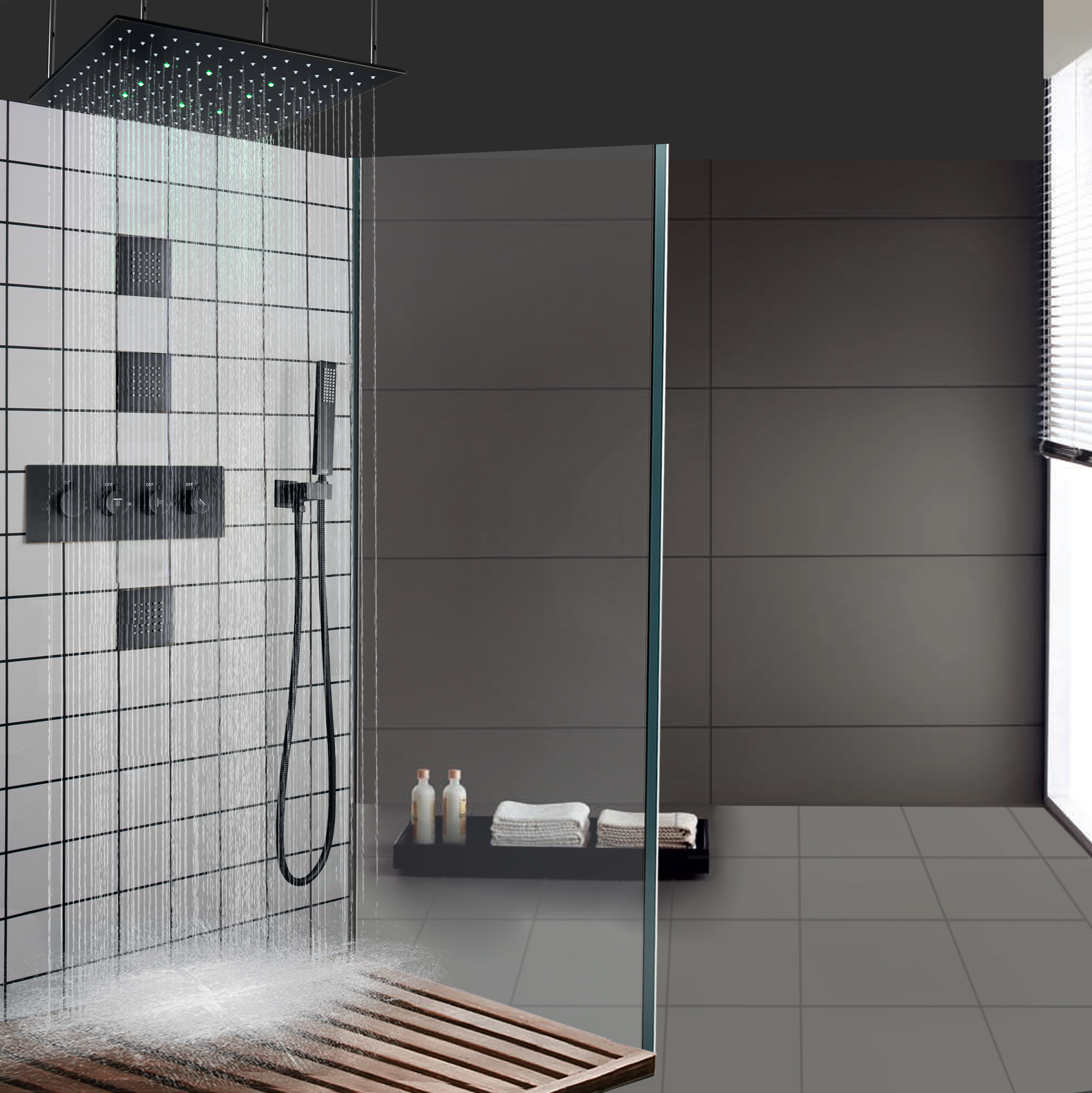 Preto fosco LED Torneiras termostáticas para banho, chuveiro, teto, banheiro, massagem, conjunto de chuveiro