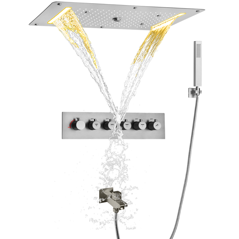 Conjunto de torneira termostática de chuveiro de níquel escovado 700X380 MM Sistema de chuveiro de chuva para banheiro com LED