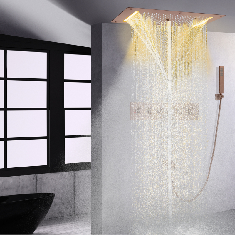 Sistema de chuveiro termostático marrom para banheira, 700 x 380 mm, LED, torneira de chuveiro para banheiro, conjunto de chuveiro de chuva