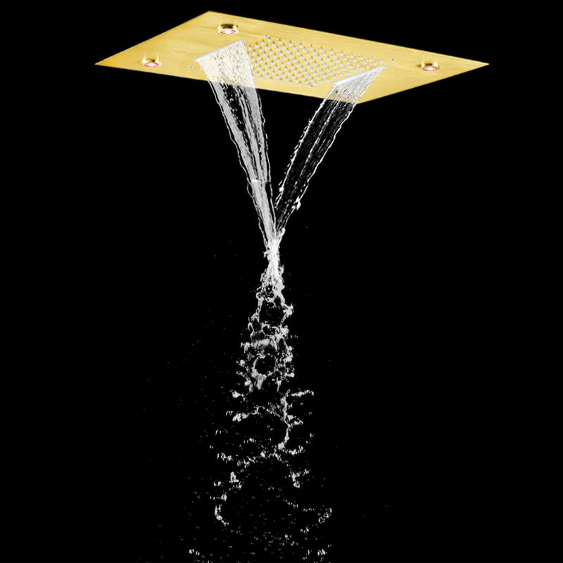 Misturador de chuveiro dourado escovado luxuoso, 50x36 cm, led, 3 cores, mudança de temperatura, banheiro, cascata bifuncional, chuva