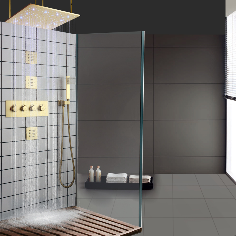 Misturador de chuveiro de chuva de ouro escovado 20 polegadas LED Conjunto de combinação de chuveiros termostáticos para banheiro com bico portátil