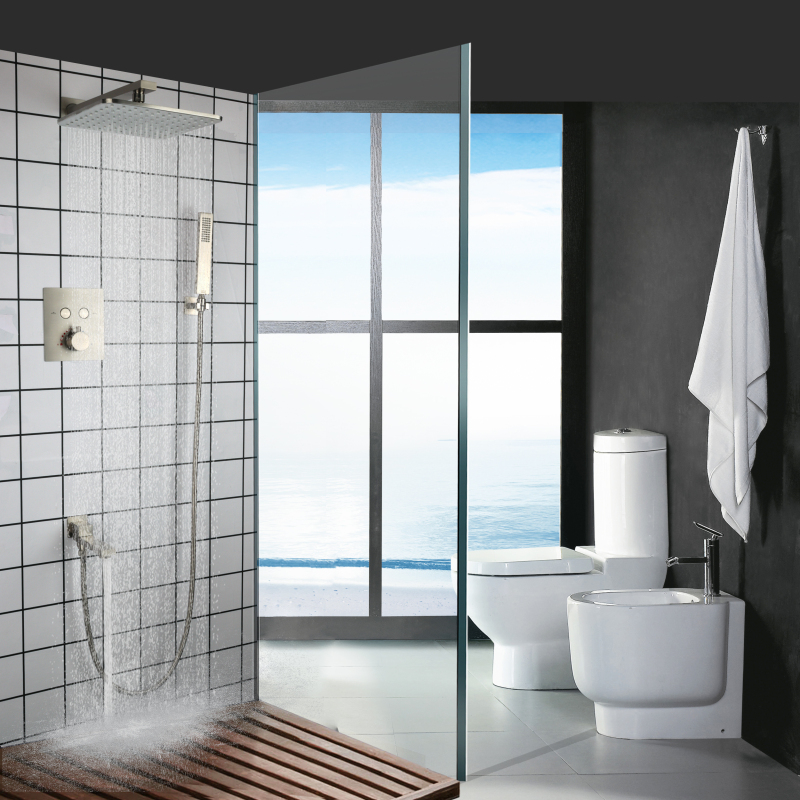 Níquel escovado 10 Polegada termostática banheiro superior torneira de chuva chuveiro portátil banheira bico conjunto combinação