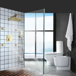 Torneira de chuveiro de banheiro de ouro escovado LED Conjunto de chuveiro termostático de 3 cores com jatos corporais chuveiro de massagem