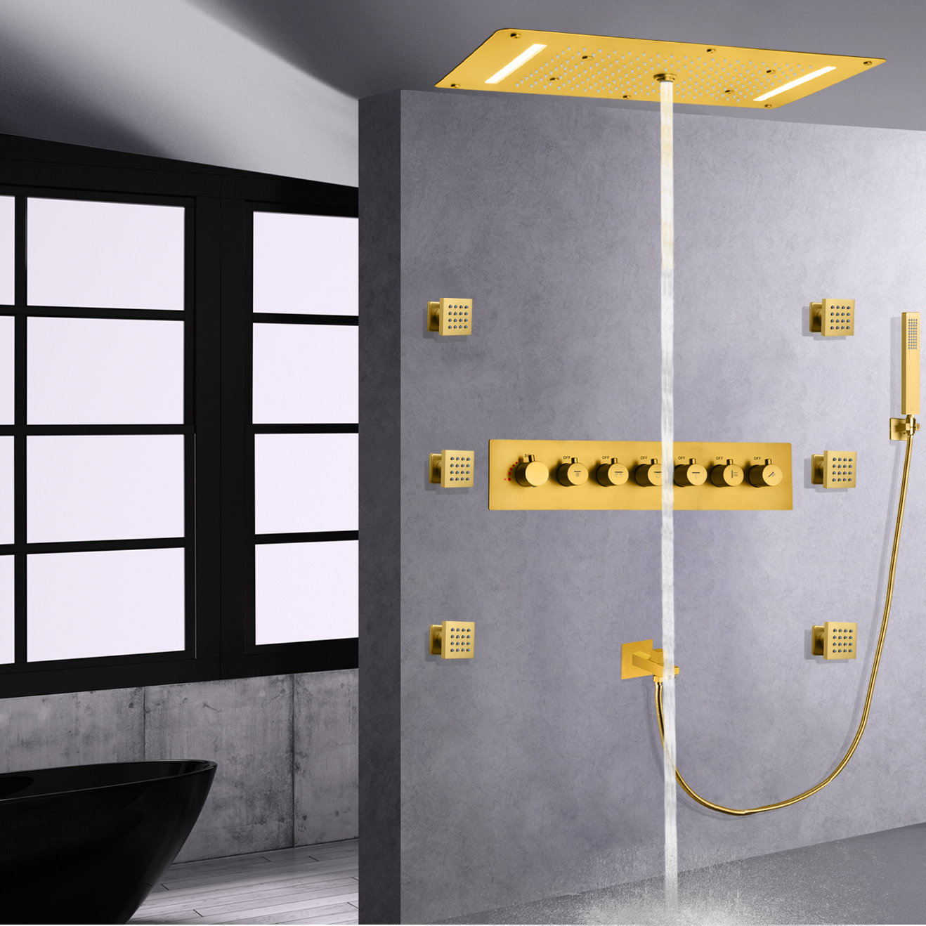Conjunto de torneira de chuveiro termostática de latão dourado escovado LED multifuncional cabeça cachoeira chuva portátil