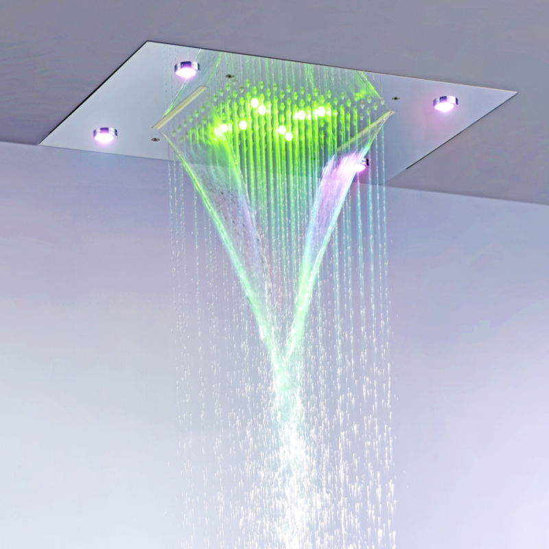 Estilo europeu cromo polido 50x36 cm misturador de chuveiro chuva 7 cores led banheiro bifuncional cachoeira chuvas