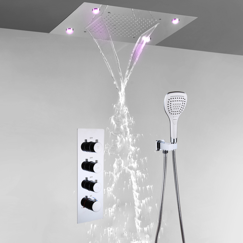 Conjunto de torneira de chuveiro termostática LED para banheiro, teto embutido, 20 * 14 polegadas, chuva e chuveiro em cascata