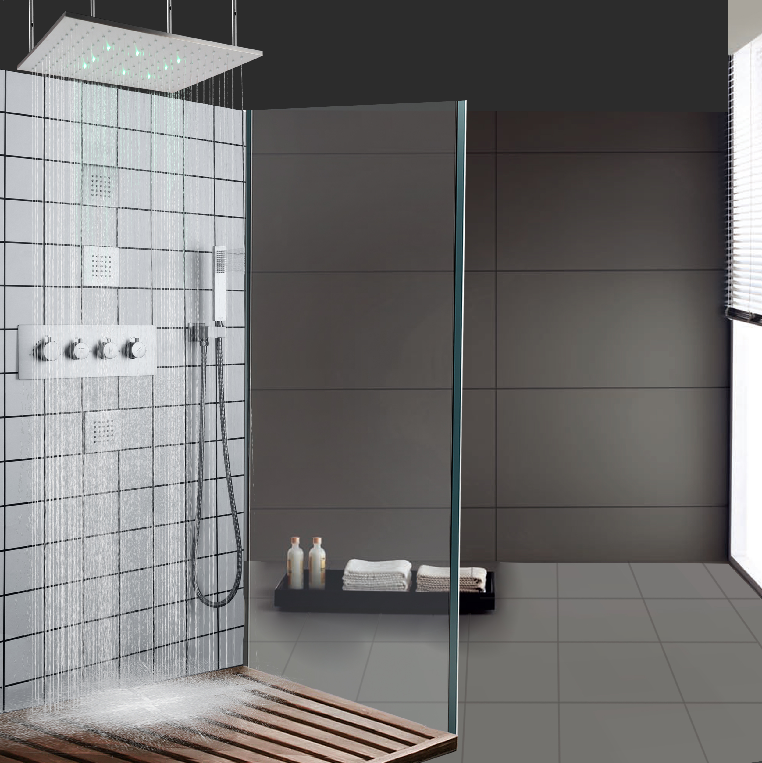 Maneira termostática escovada do sistema 3 do chuveiro do banho do diodo emissor de luz da precipitação do níquel para regar Handheld