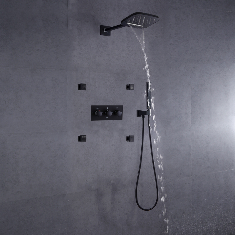 Preto fosco banheiro cachoeira fria e quente chuveiro misturador conjunto hidro jet cabeça de chuveiro portátil