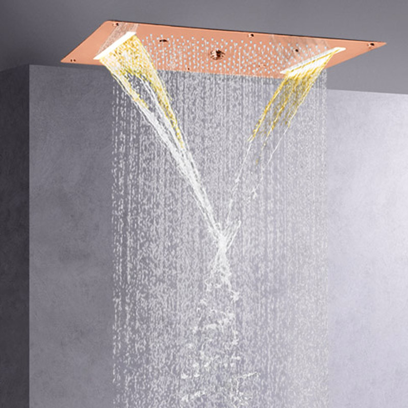 Misturador de chuveiro em ouro rosado 70X38 CM LED Banheiro Multifuncional Cachoeira Chuva Atomizadora Chuveiro de bolhas