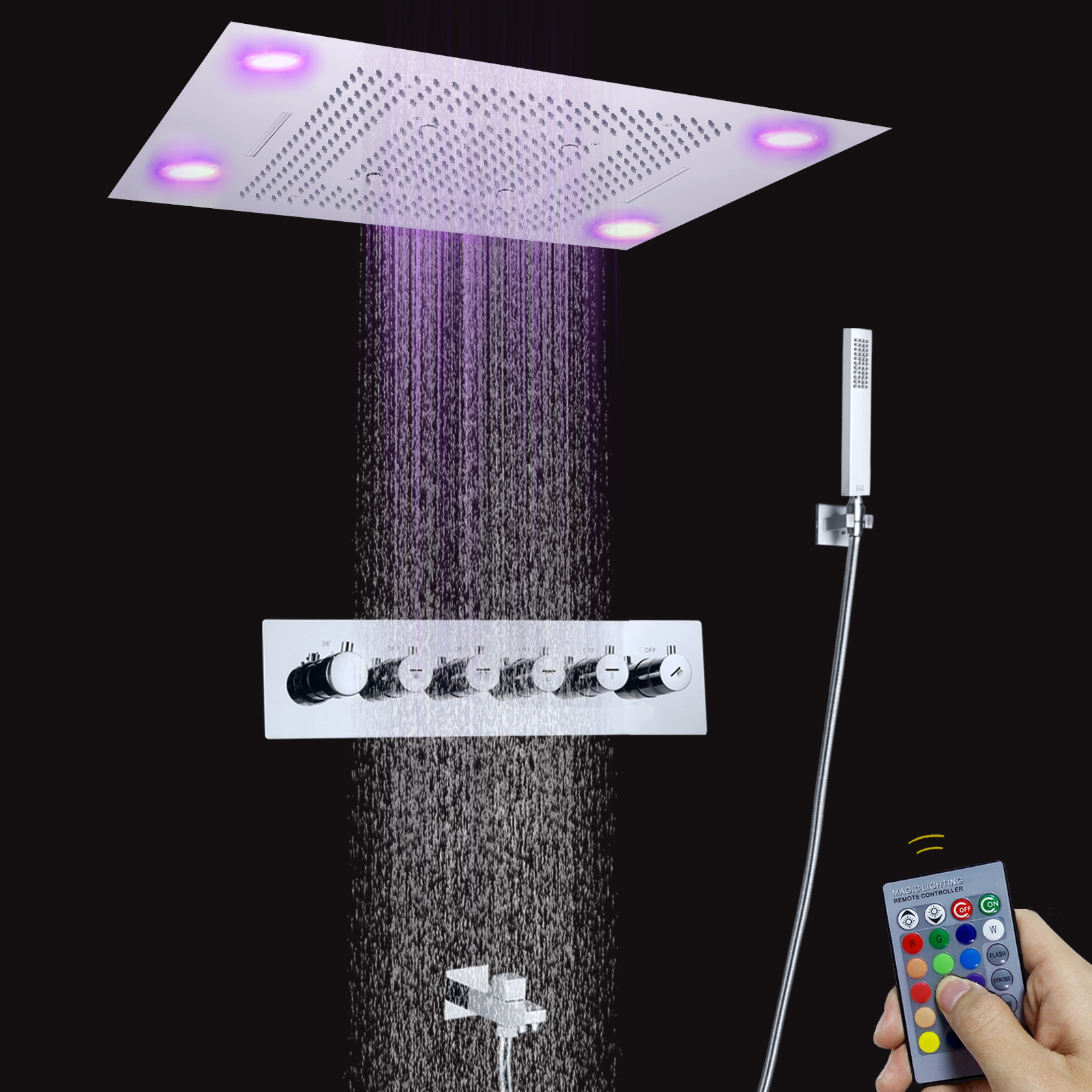 Luxo grande led chuva chuveiro cabeça 800*600mm cromo 5 maneiras massagem cachoeira termostática conjunto de chuveiro chuvas