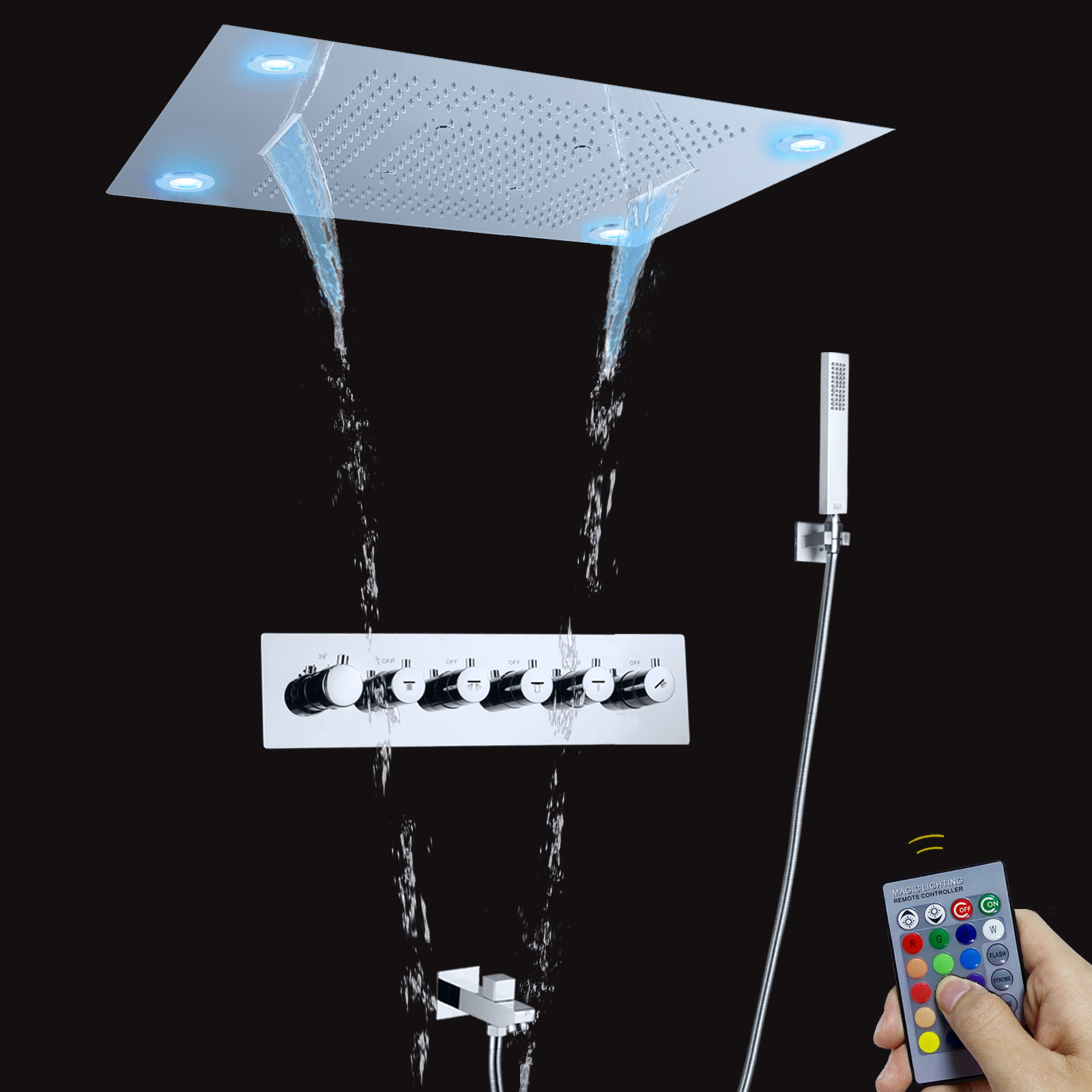 Luxo grande led chuva chuveiro cabeça 800*600mm cromo 5 maneiras massagem cachoeira termostática conjunto de chuveiro chuvas