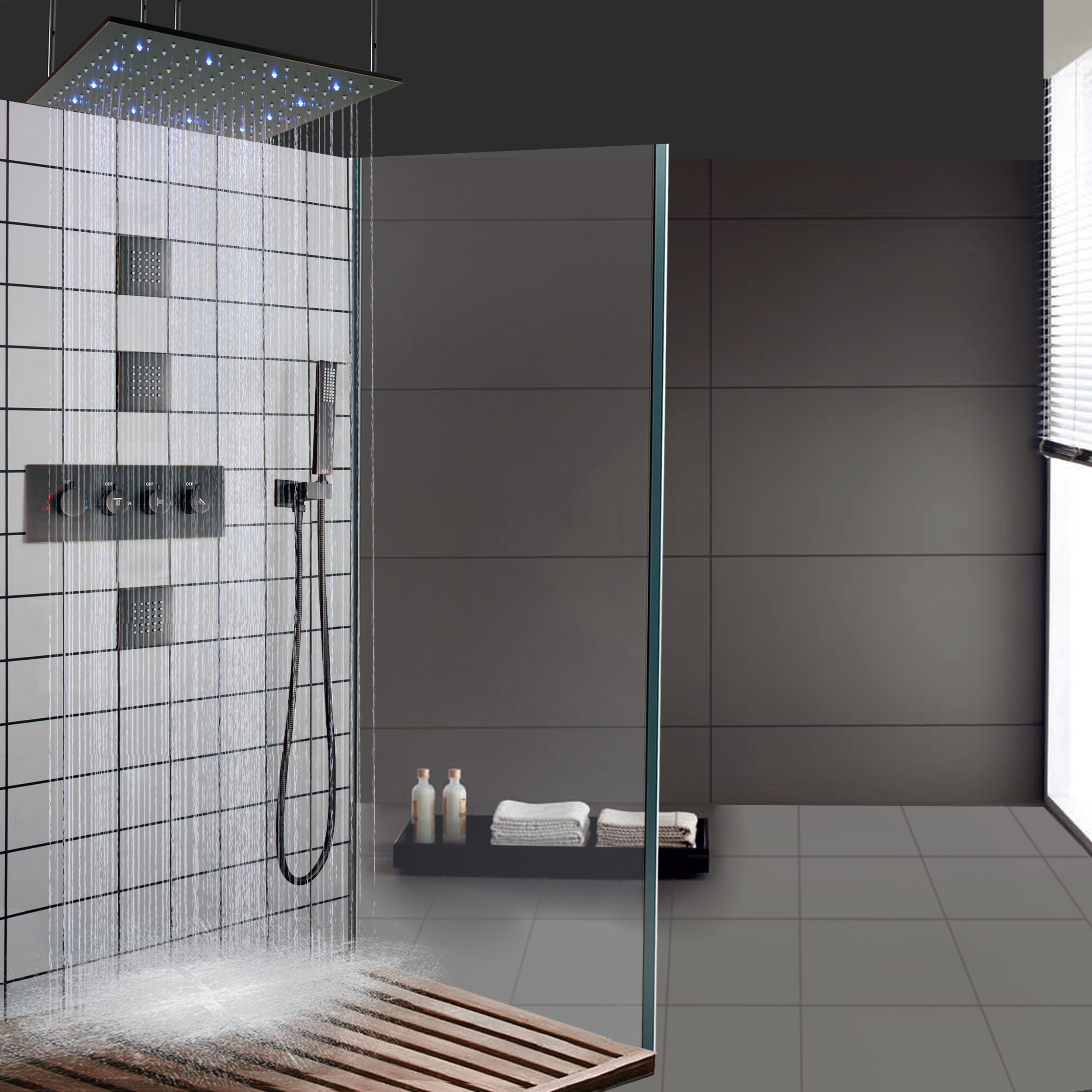 Óleo esfregado bronze led termostática misturador do chuveiro do banheiro teto chuvas braço de chuveiro portátil